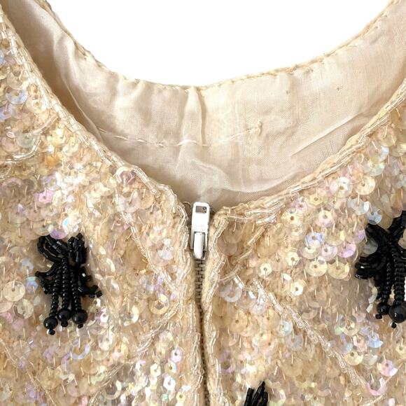 Vintage Ivory Cream Black Sequin Beaded Tank with Fringe Trim size medium - Picture 6 of 8